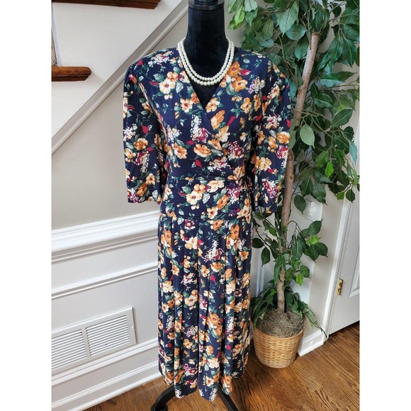 Vintage Mondo Blue Floral V-Neck Long Sleeve Casual Knee Length Dress Size 2X - Picture 1 of 11